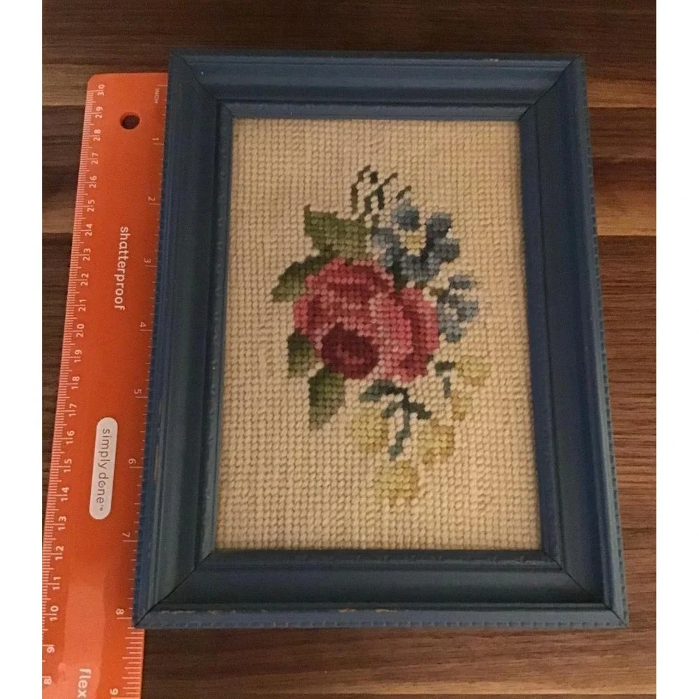 Vintage Needlepoint Floral Wall Art Pink Rose Blue Wood Frame Cottagecore 8x6
